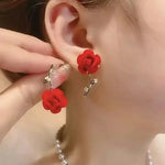 Red Rose Flower Stud Earrings