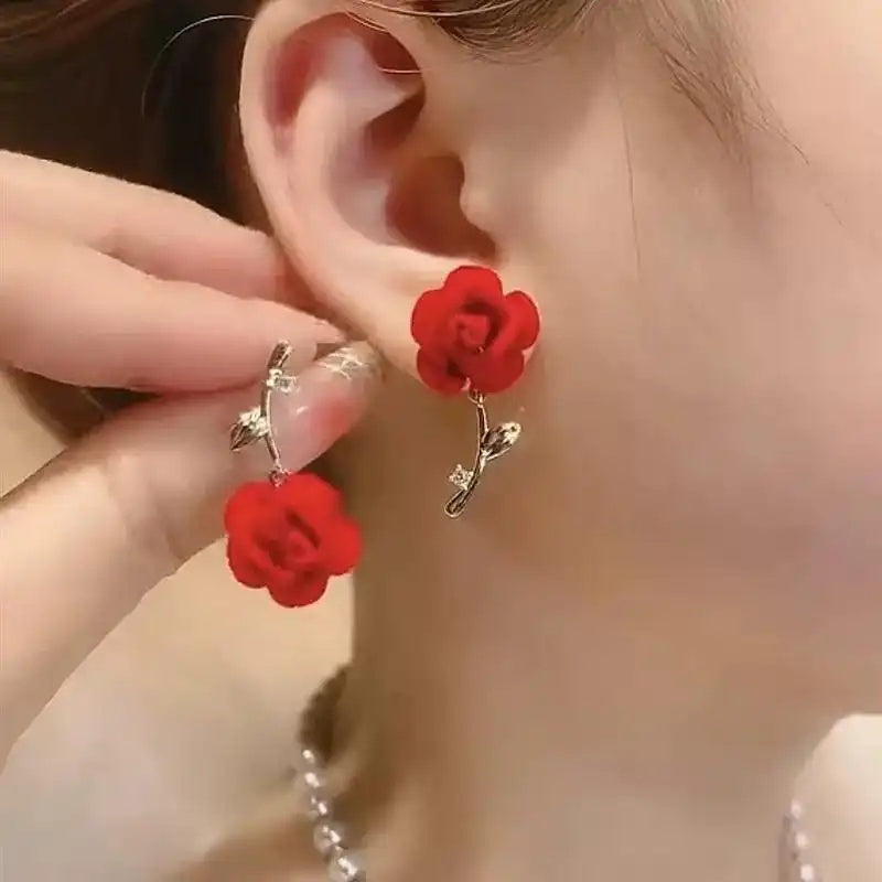 Red Rose Flower Stud Earrings