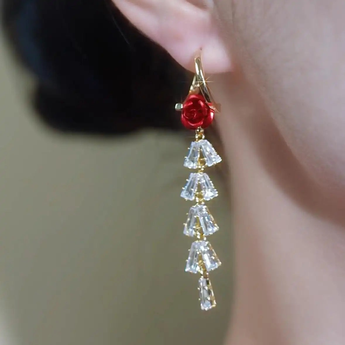 Red Rose Long Drop Earrings