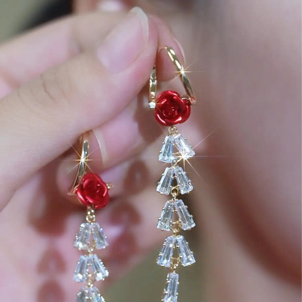 Red Rose Long Drop Earrings