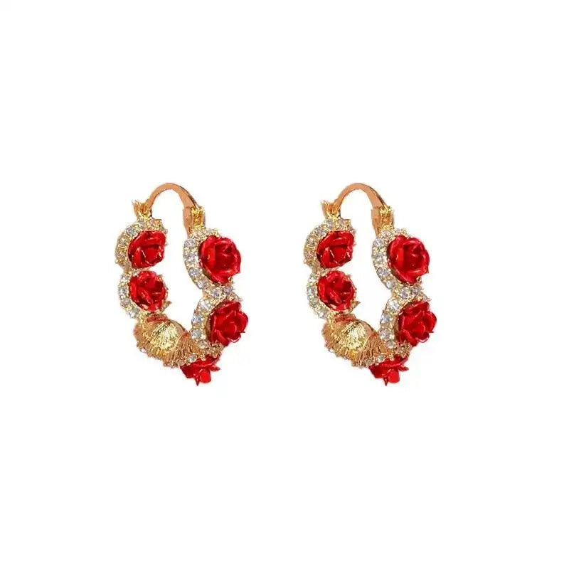 Red Rose Romantic French Hoop Earrings