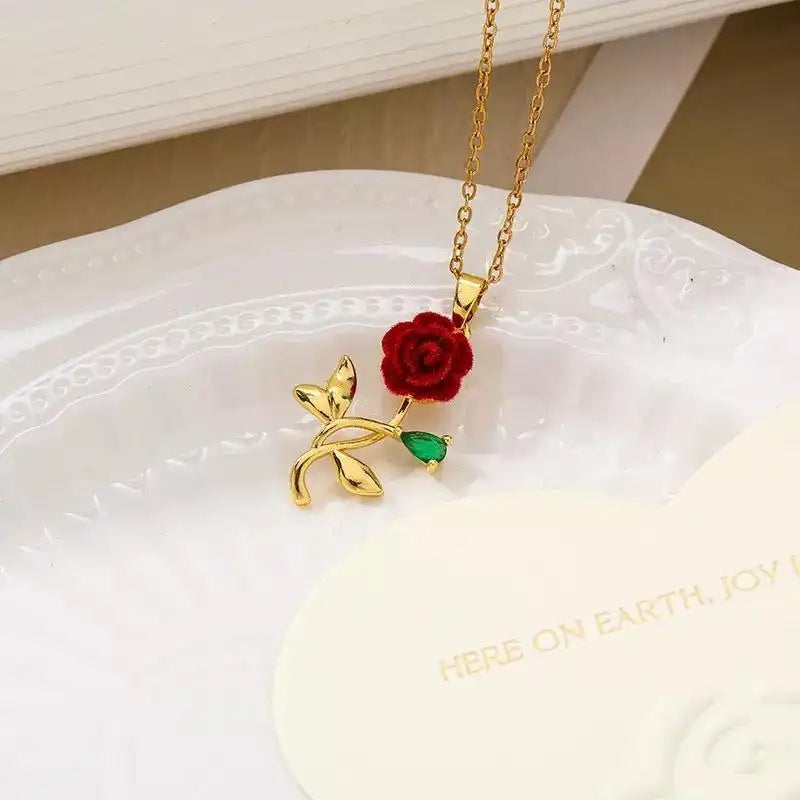 Red Rose Stem Pendant Necklace