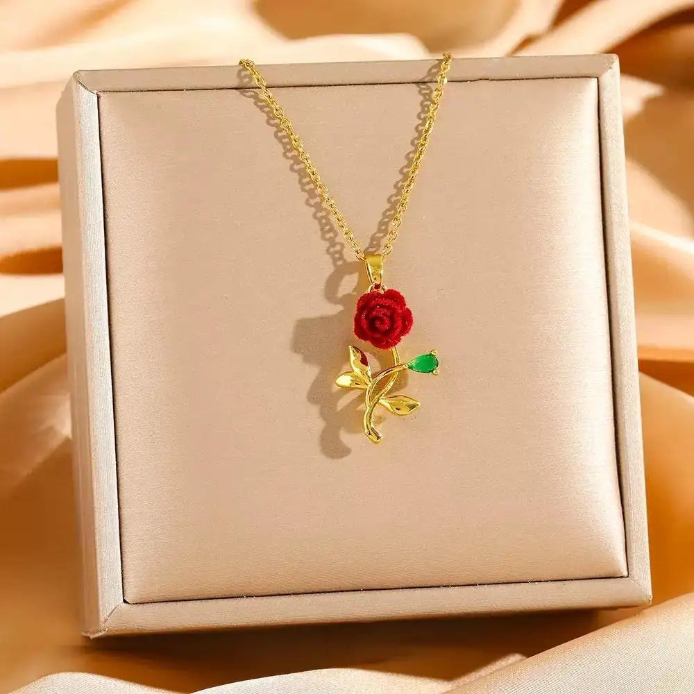 Red Rose Stem Pendant Necklace