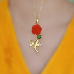Red Rose Stem Pendant Necklace