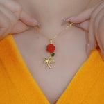 Red Rose Stem Pendant Necklace