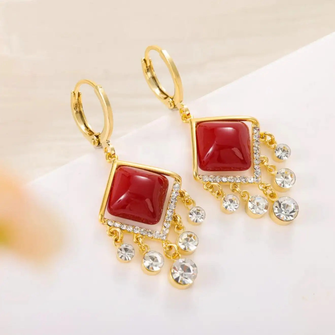 Red Square Crystal Drop Earrings