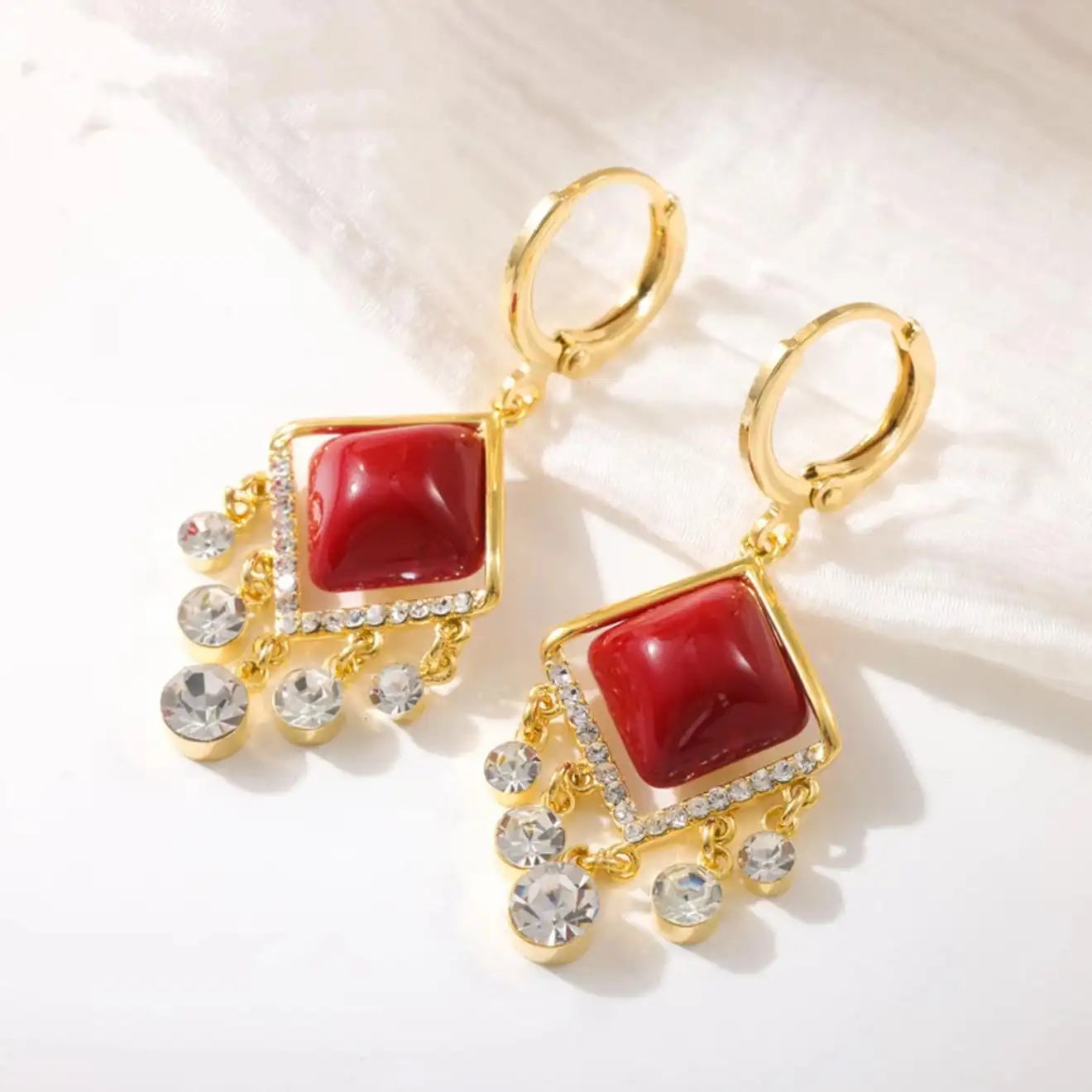Red Square Crystal Drop Earrings