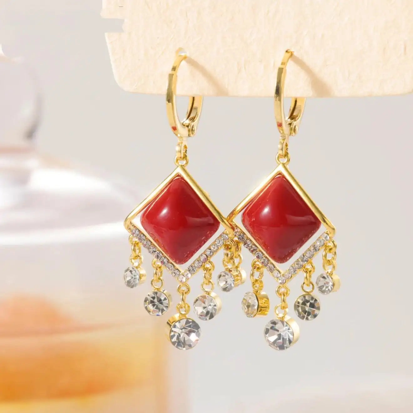 Red Square Crystal Drop Earrings