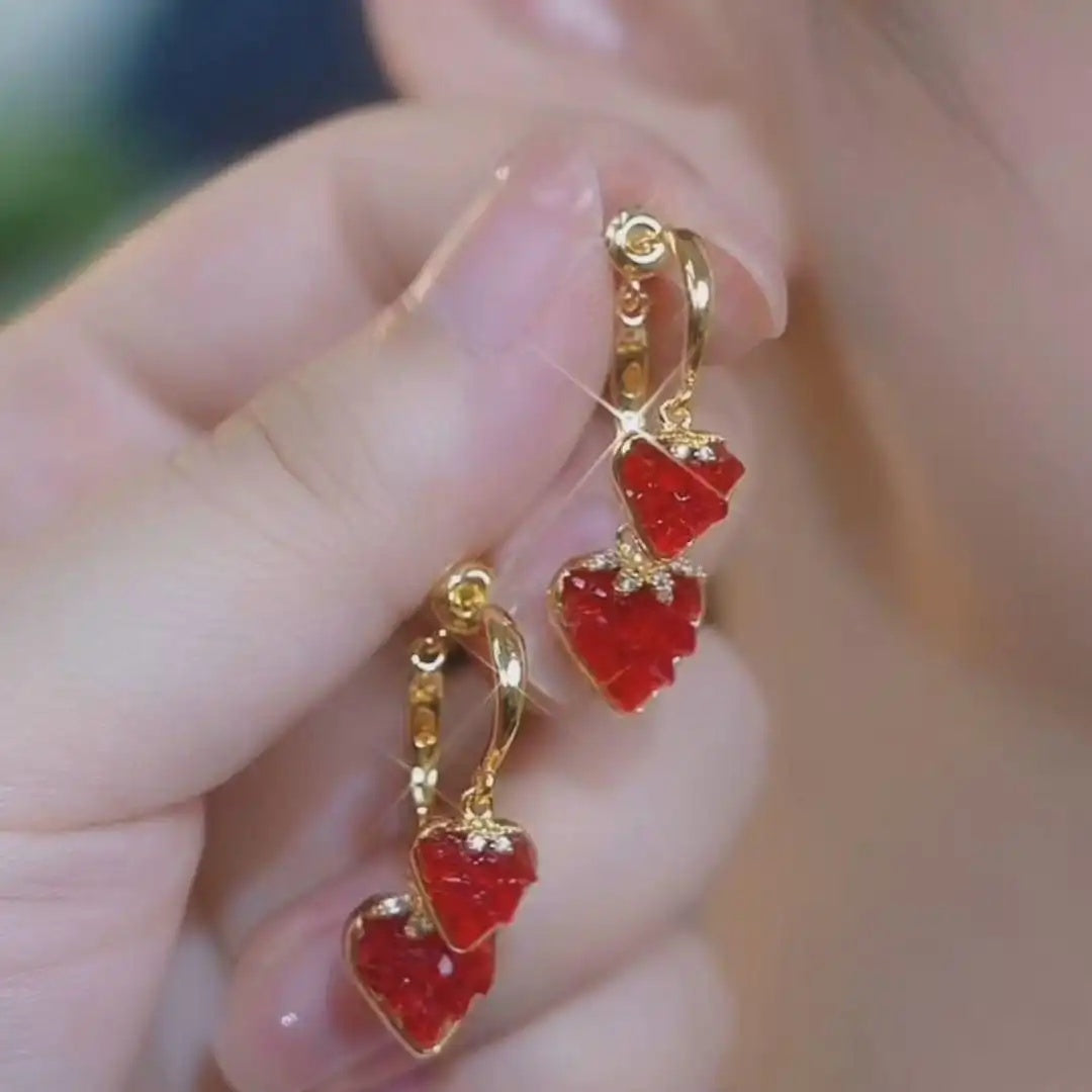 Red Strawberry Heart Front Back Stud Earrings
