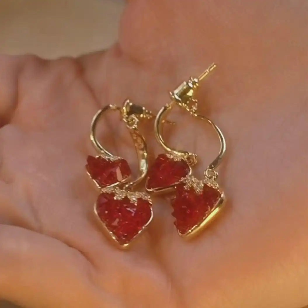 Red Strawberry Heart Front Back Stud Earrings