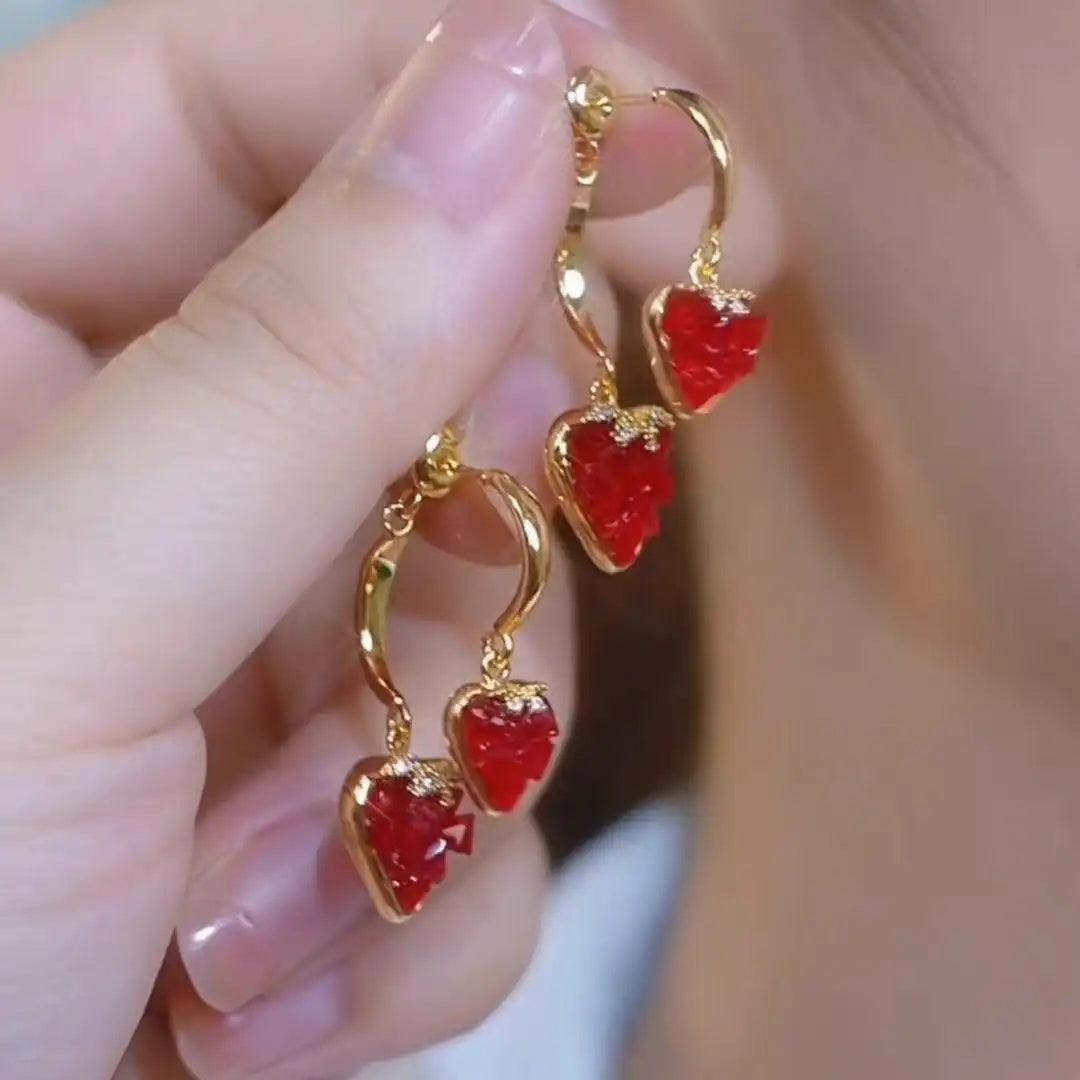 Red Strawberry Heart Front Back Stud Earrings