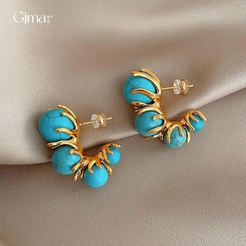 Retro C-Shaped Blue Turquoise Ethnic Earrings
