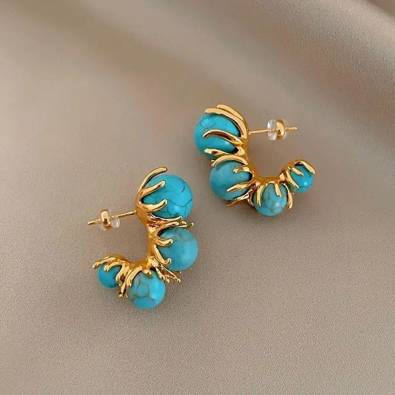 Retro C-Shaped Blue Turquoise Ethnic Earrings