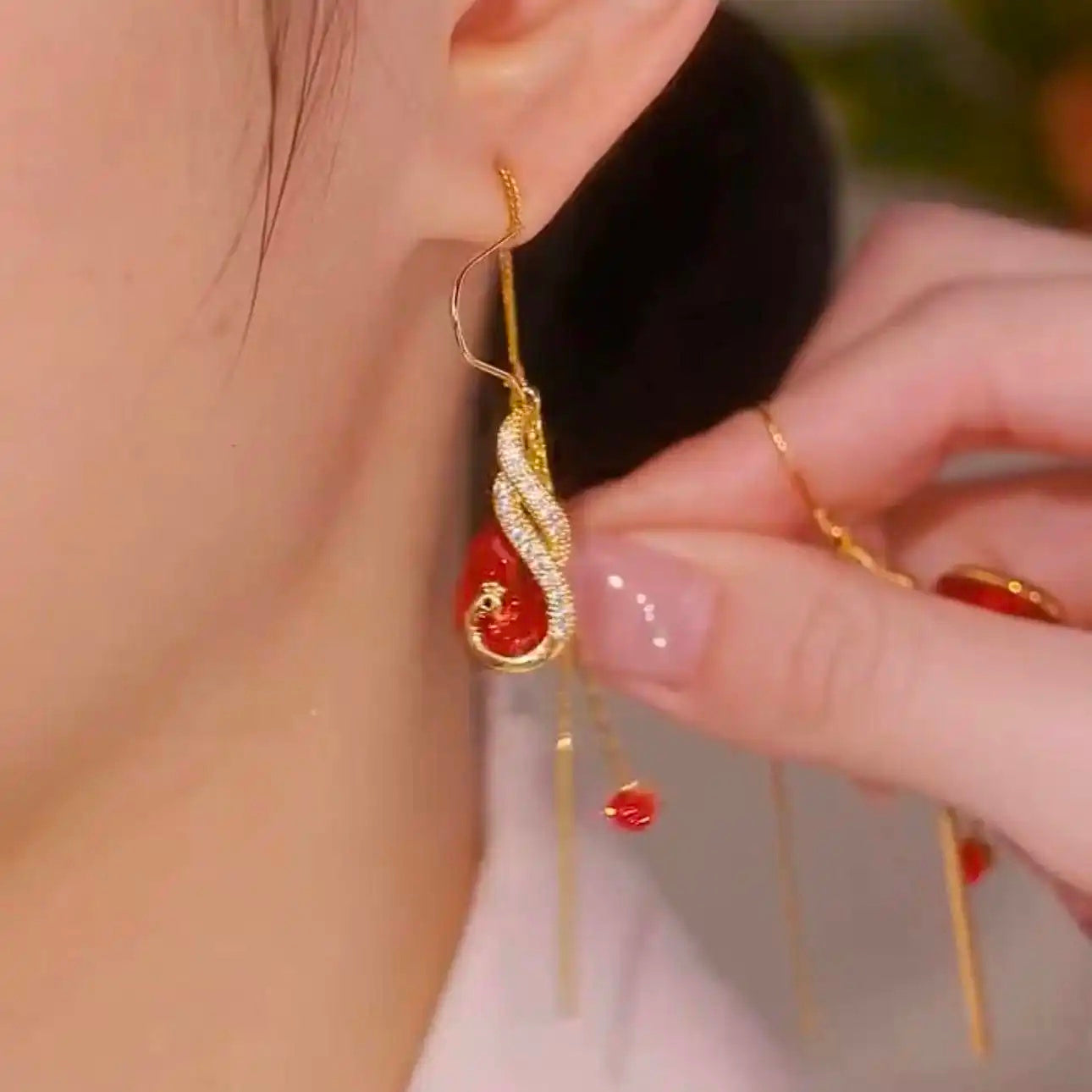 Retro Chinese Red Crystal Phoenix Earrings