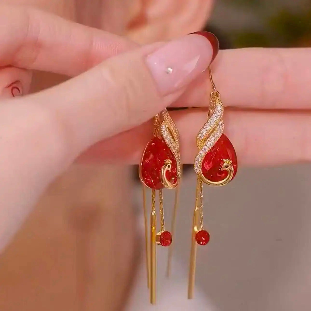 Retro Chinese Red Crystal Phoenix Earrings