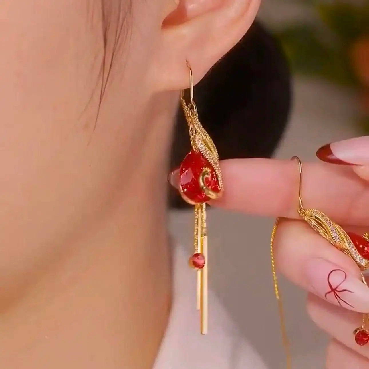 Retro Chinese Red Crystal Phoenix Earrings