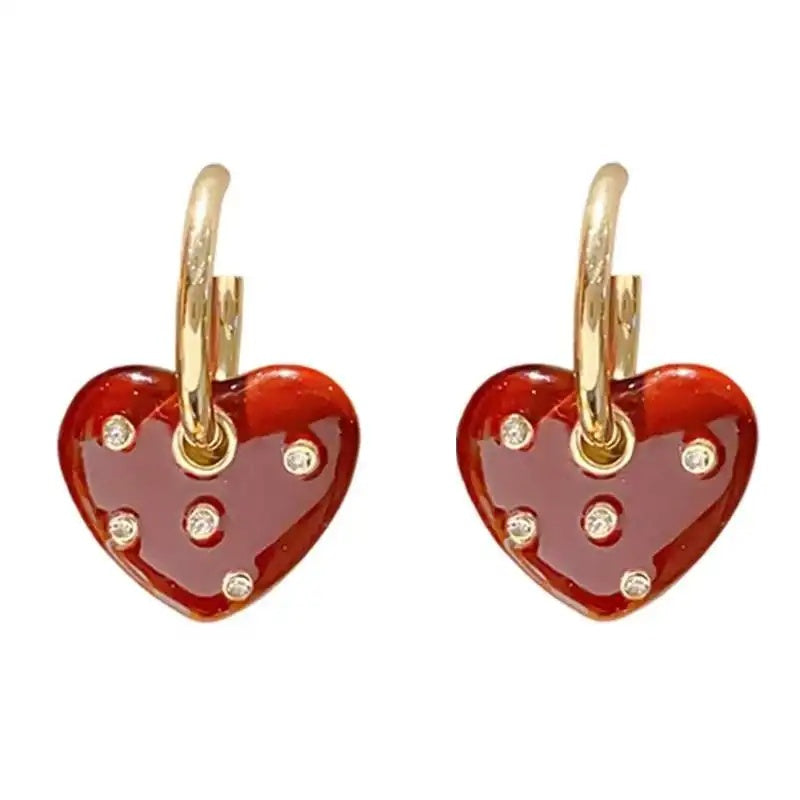 Retro Dripping Oil Diamond Heart Stud Earrings