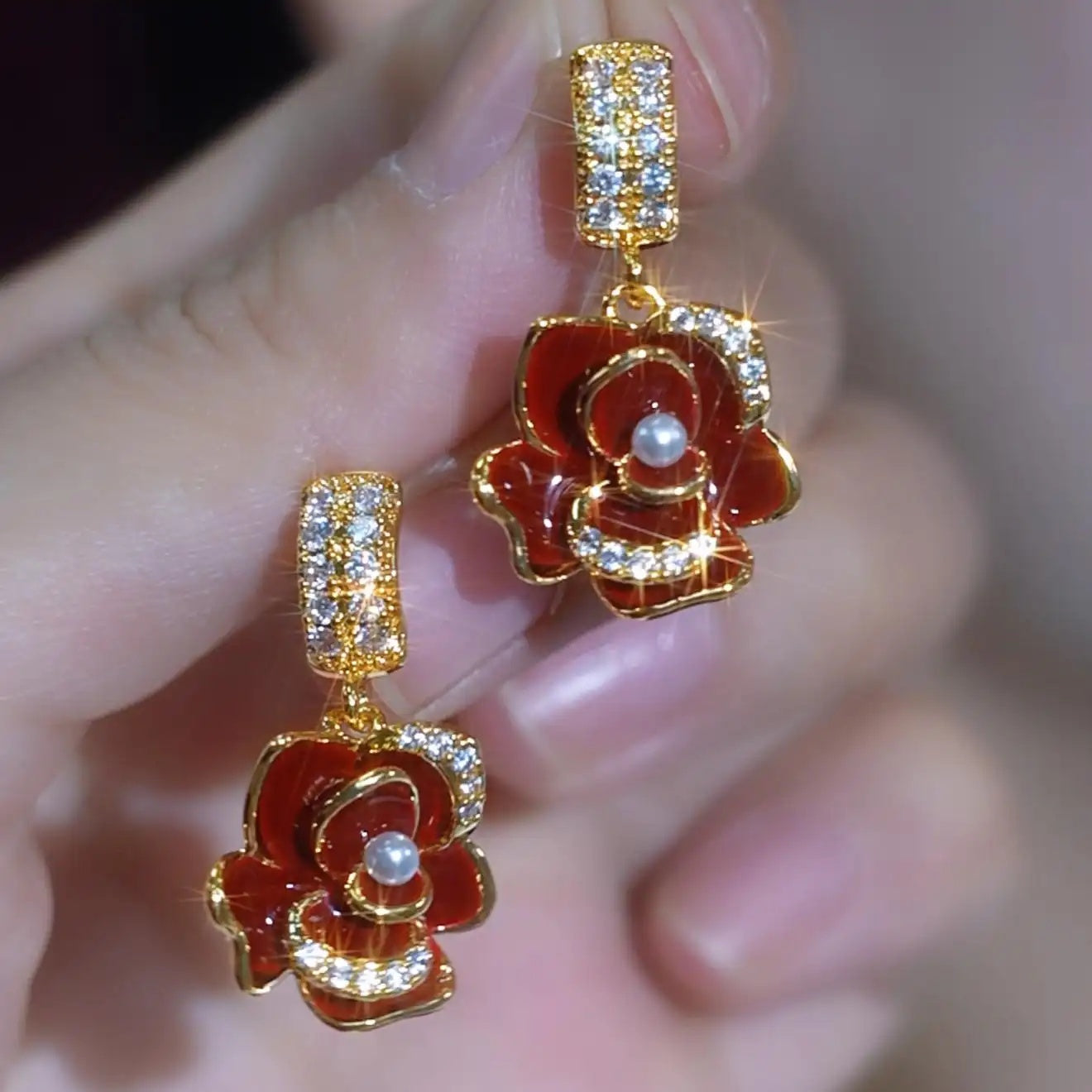 Retro French Camellia Rose Flower Stud Earrings