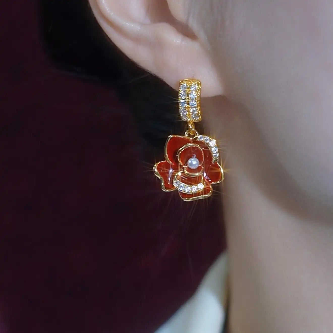 Retro French Camellia Rose Flower Stud Earrings