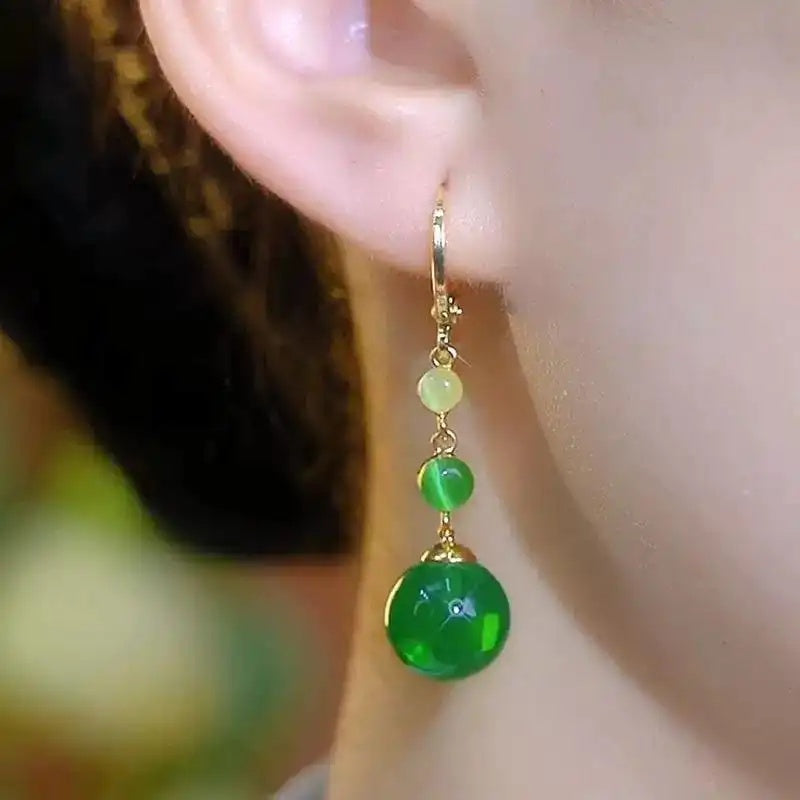 Retro Green Teardrop Tassel Drop Earrings