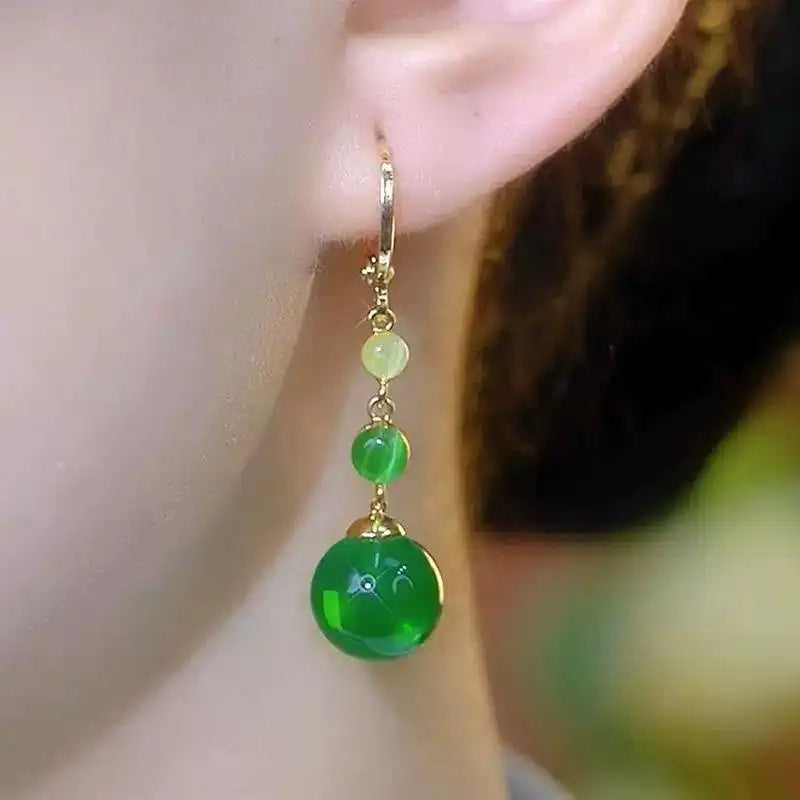 Retro Green Teardrop Tassel Drop Earrings