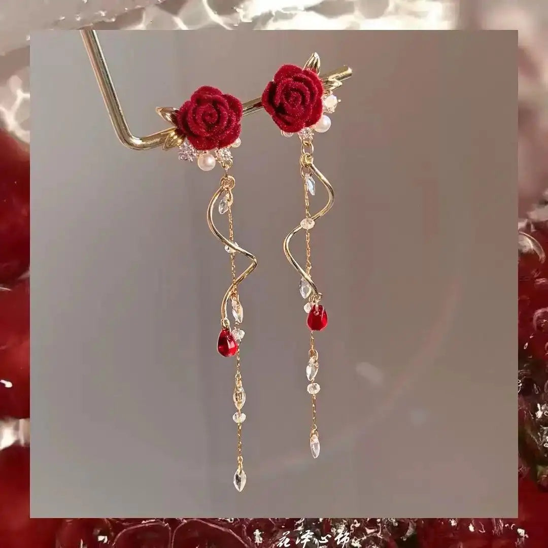 Retro Red Rose Non-Piercing Clip-On Stud Earrings
