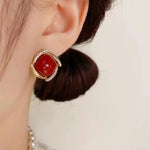 Retro Red Square Needle Earrings