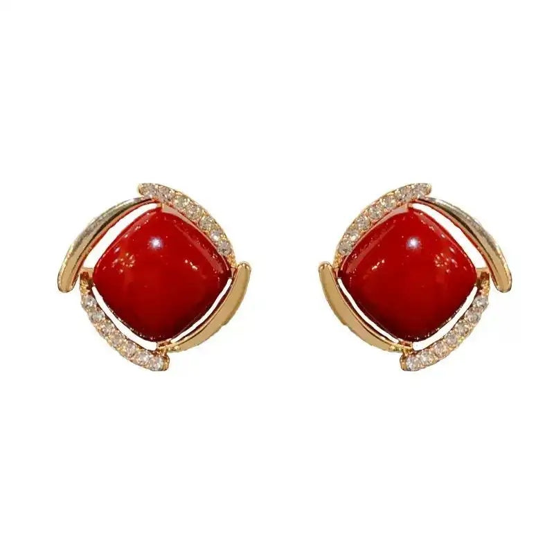 Retro Red Square Needle Earrings