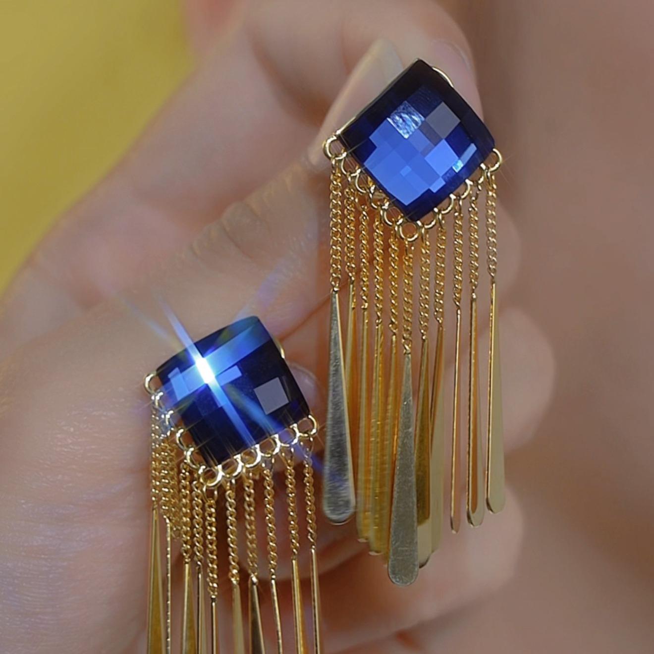 Rhombus Blue Crystal Long Tassel Drop Earrings