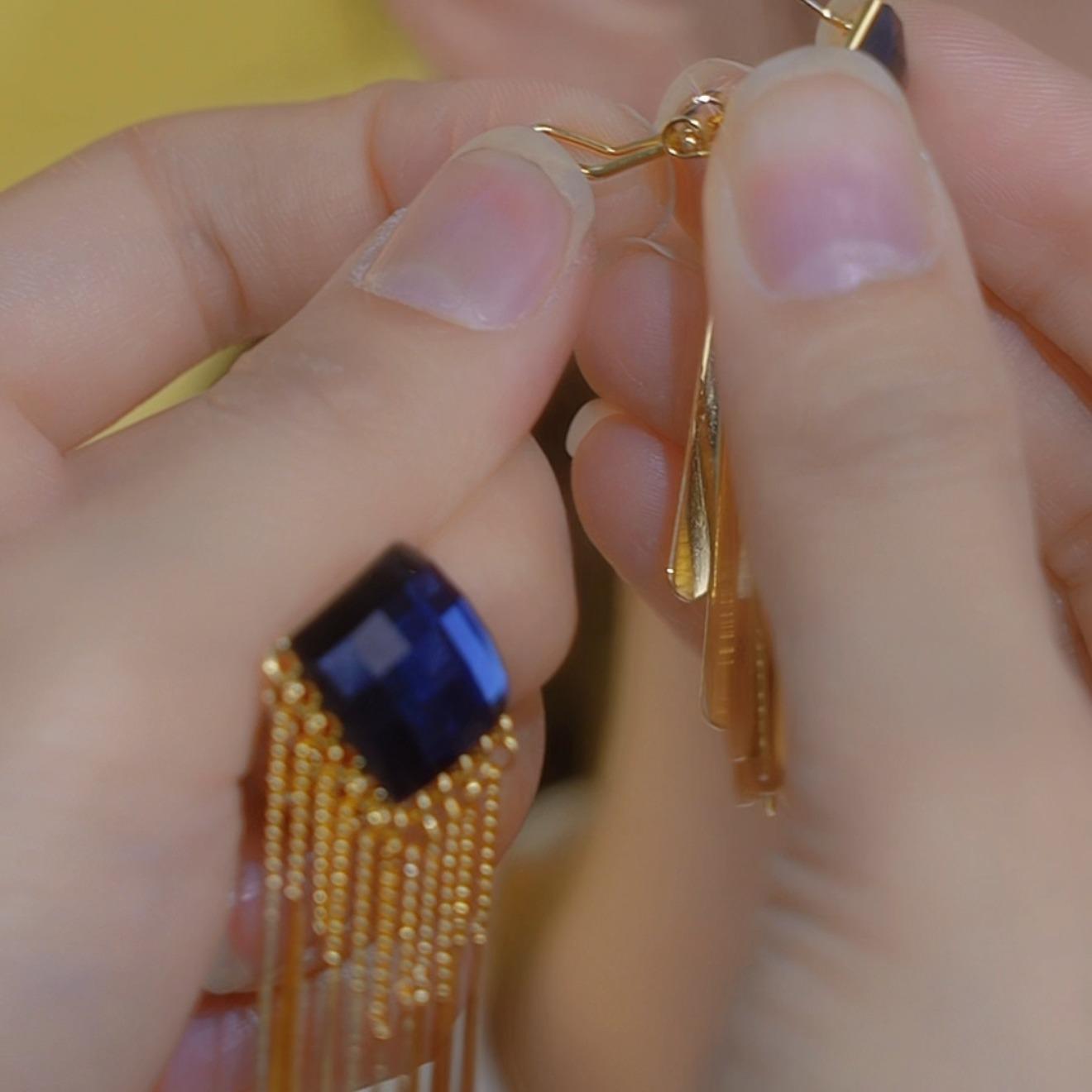 Rhombus Blue Crystal Long Tassel Drop Earrings
