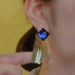 Rhombus Blue Crystal Long Tassel Drop Earrings