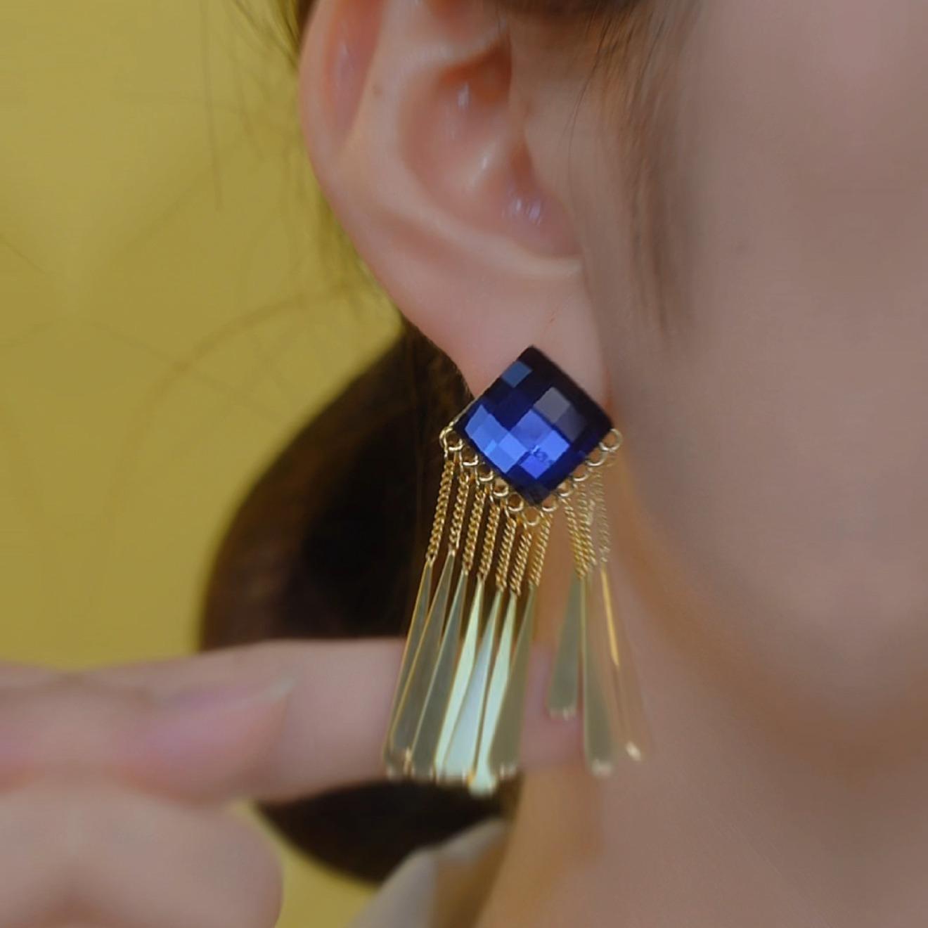 Rhombus Blue Crystal Long Tassel Drop Earrings