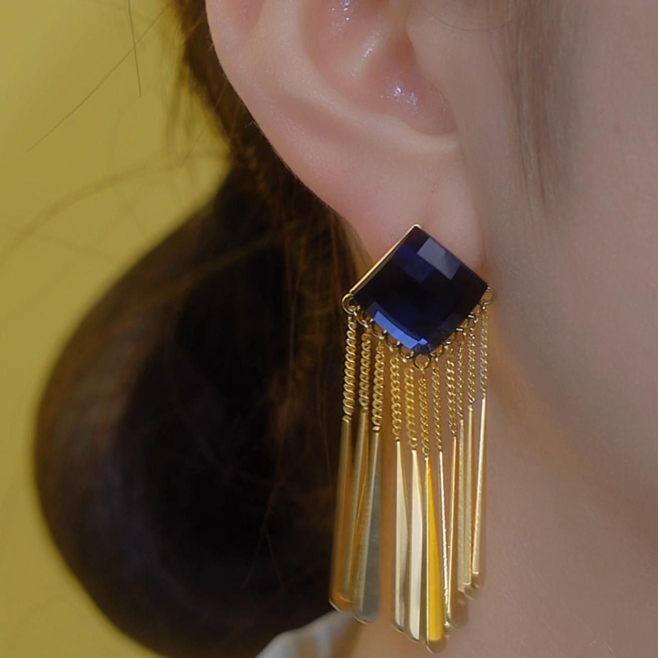 Rhombus Blue Crystal Long Tassel Drop Earrings