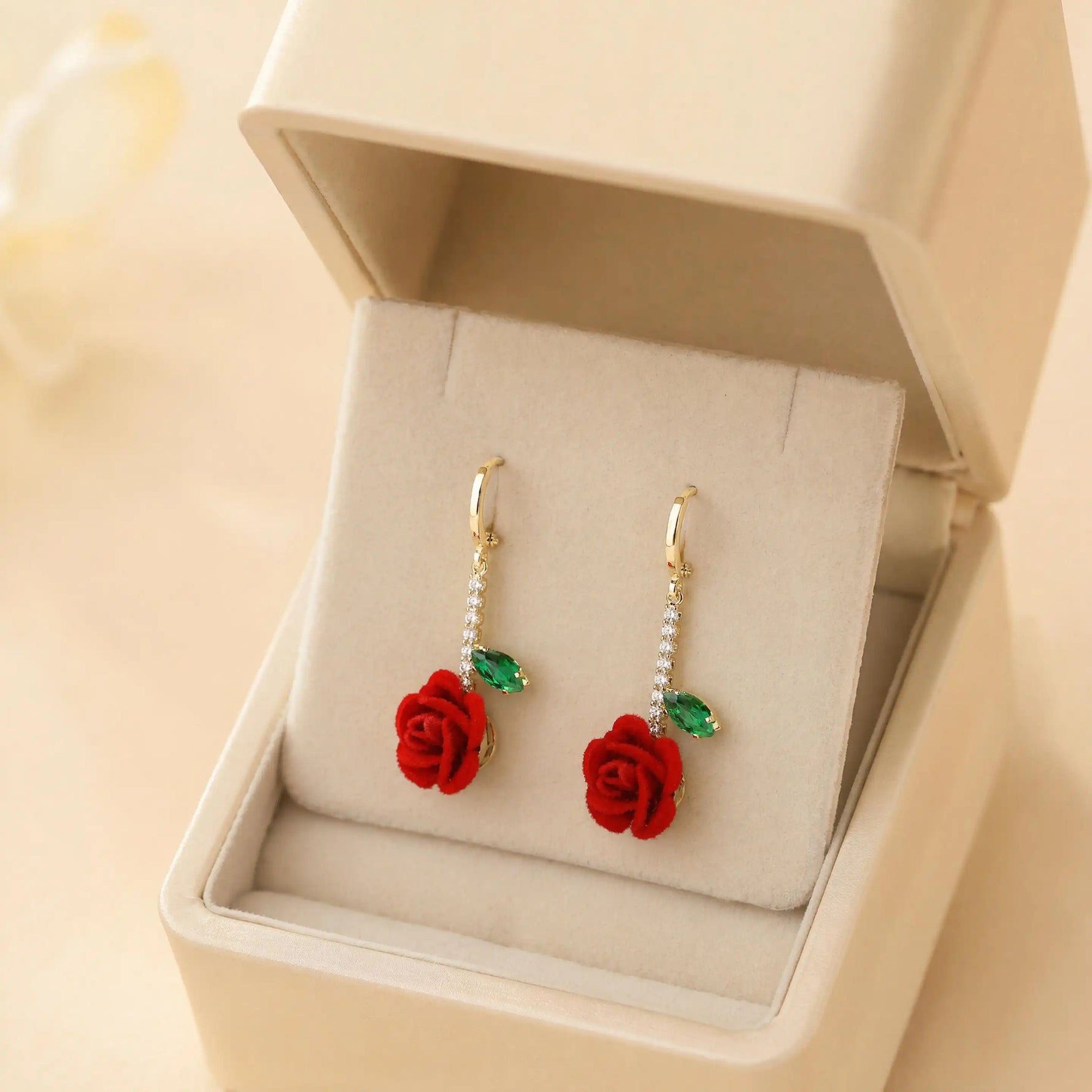Romantic Flocked Rose Flower Drop Earrings