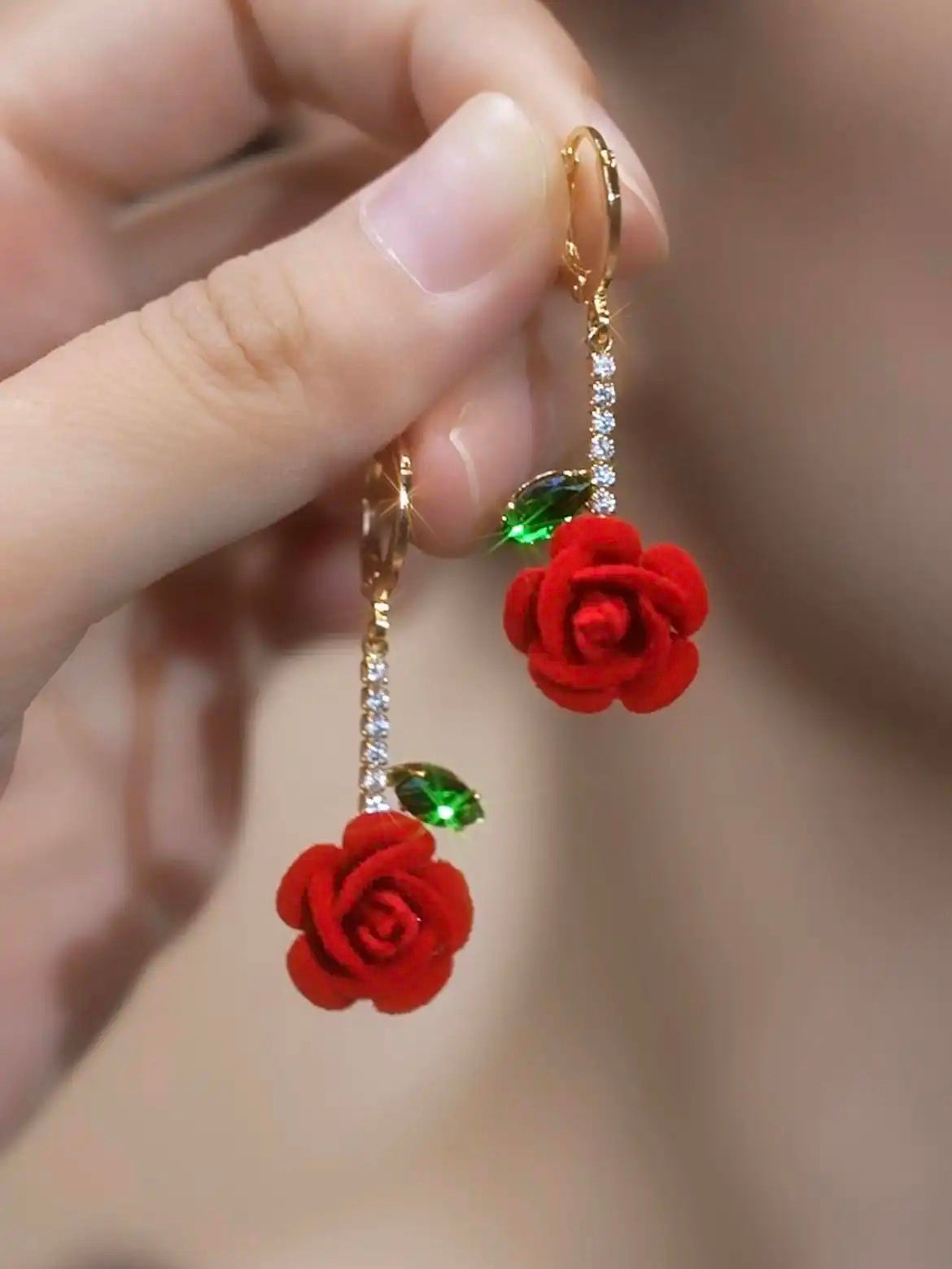 Romantic Flocked Rose Flower Drop Earrings