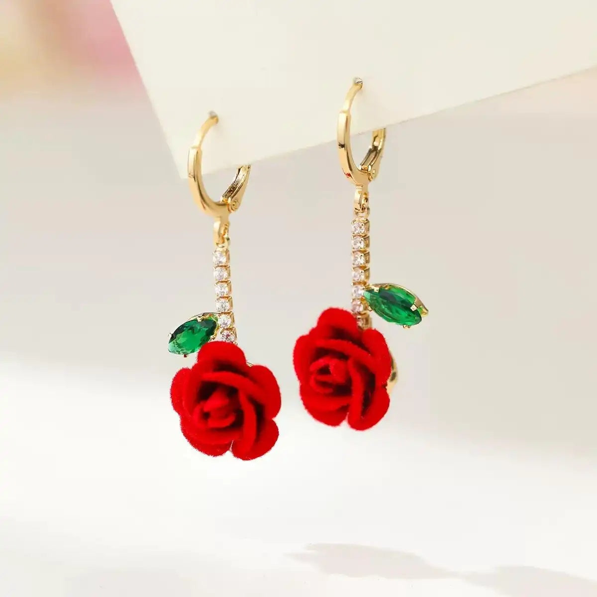 Romantic Flocked Rose Flower Drop Earrings