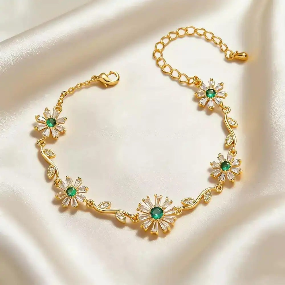 Romantic Green Crystal Flower Chain Bracelet