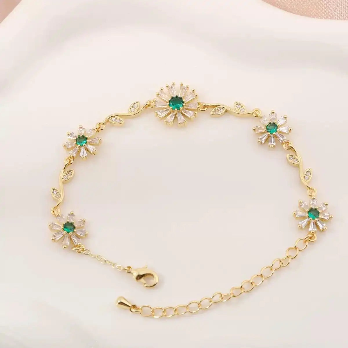 Romantic Green Crystal Flower Chain Bracelet