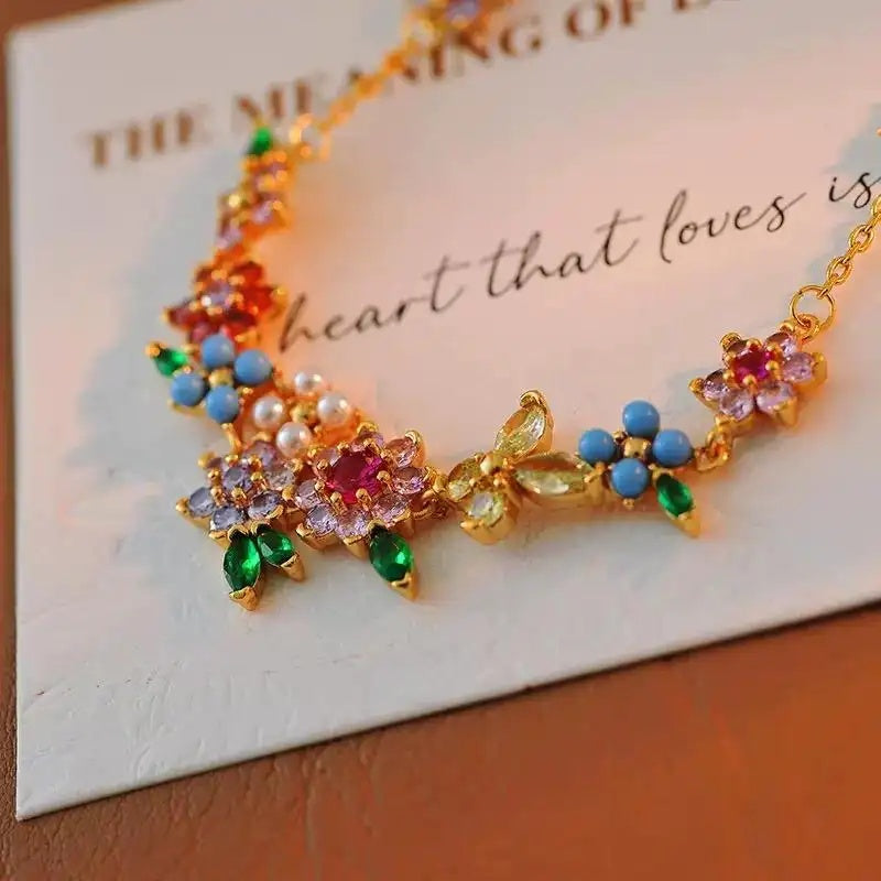 Romantic Pastoral Color Diamond Flower Necklace
