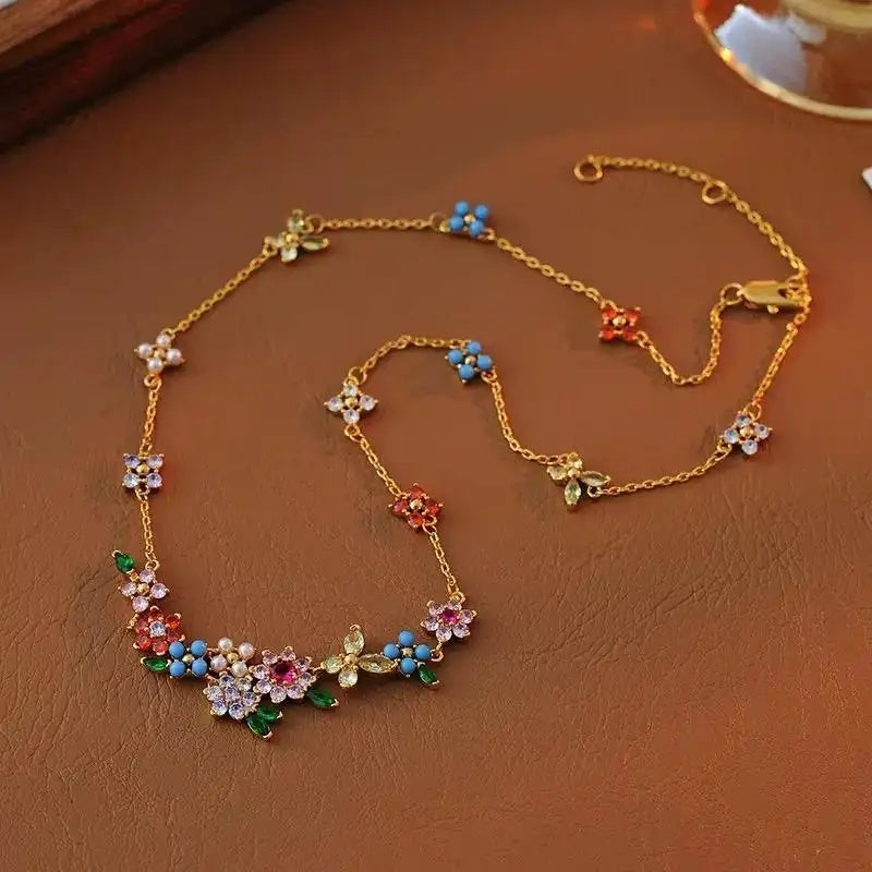 Romantic Pastoral Color Diamond Flower Necklace
