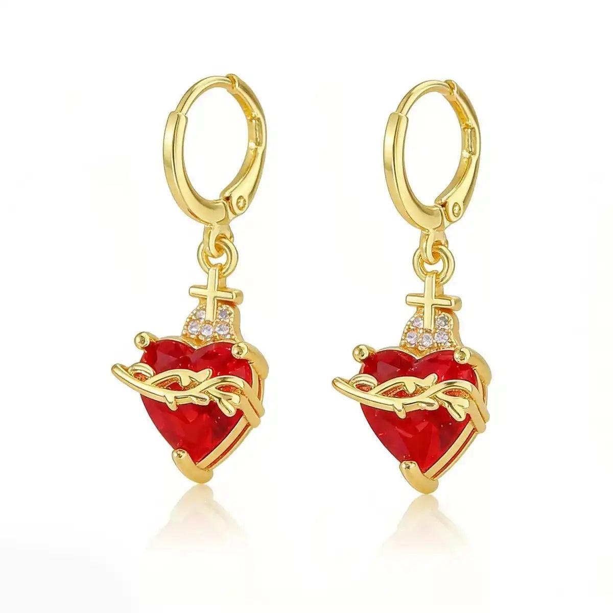 Romantic Red Heart Cross Rose Stud Earrings