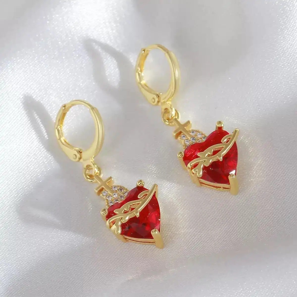 Romantic Red Heart Cross Rose Stud Earrings