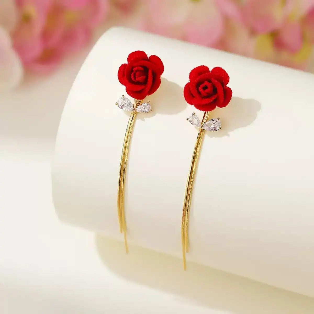 Romantic Retro Red Rose Tassel Drop Earrings