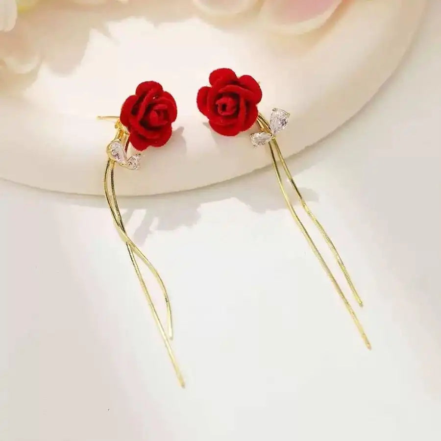 Romantic Retro Red Rose Tassel Drop Earrings