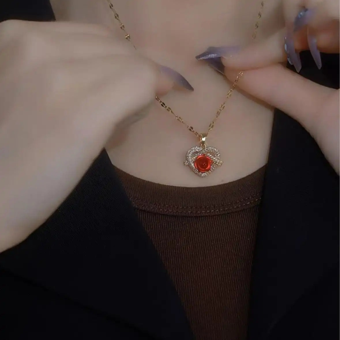 Rose and Heart Pendant Necklace