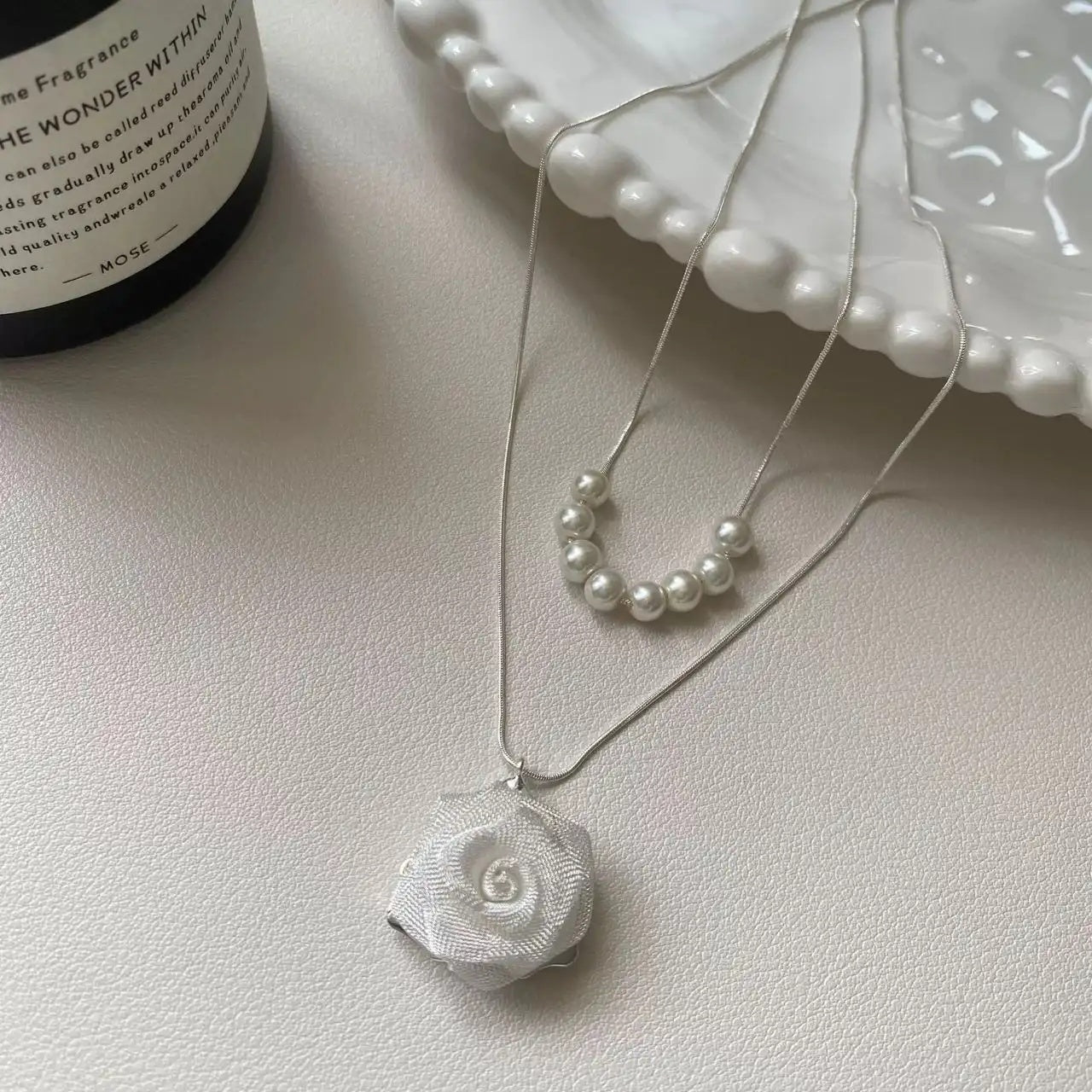 Rose and Pearl Pendant Necklace