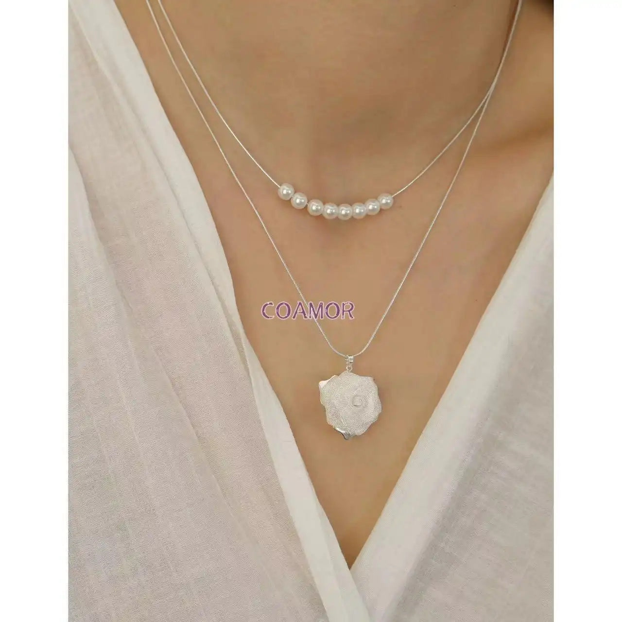 Rose and Pearl Pendant Necklace