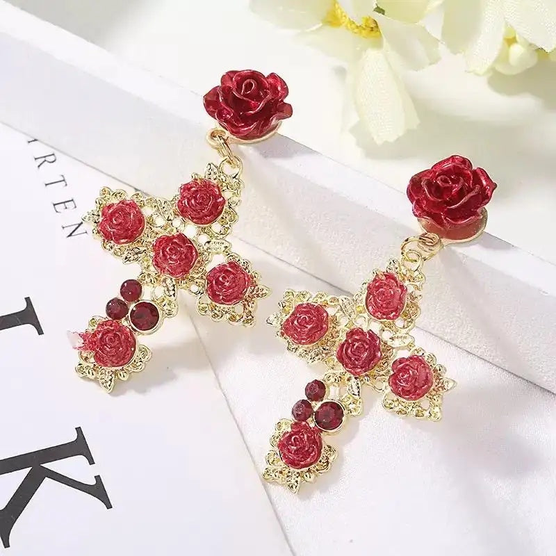 Rose Cross Bold Drop Earrings