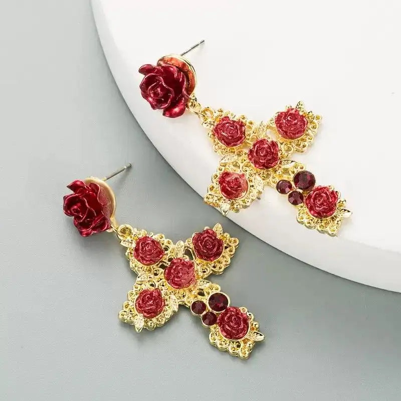 Rose Cross Bold Drop Earrings