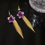 Rose Flower Long Tassel Needle Drop Earrings